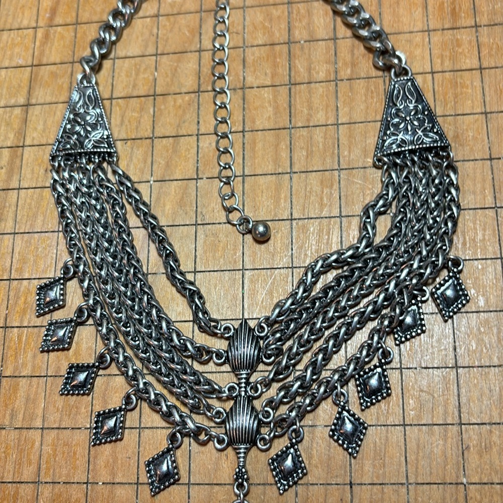 Costume Statement Necklace 16.5”L Elegant Silver Intricate Design Multi Strand - Picture 10 of 17